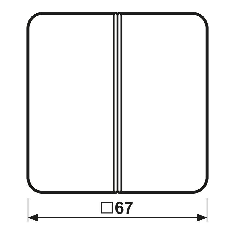 Quadratische Form mit drei parallelen vertikalen Linien in der Mitte, weiß auf schwarzem Hintergrund, mit beschrifteter Breite von '67'.