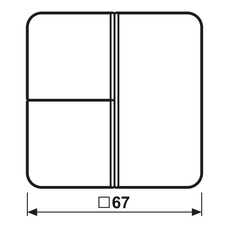 Quadrat, geteilt in ein großes Rechteck auf der linken Seite und zwei vertikal übereinander gestapelte Quadrate auf der rechten Seite. Gesamtbreite markiert als '67'.
