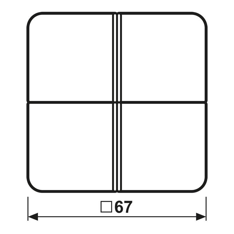 Ein weißes Quadrat wird durch zwei vertikale und zwei horizontale Linien in vier gleiche Quadranten unterteilt, mit einer Dimensionsbeschriftung '67' darunter.