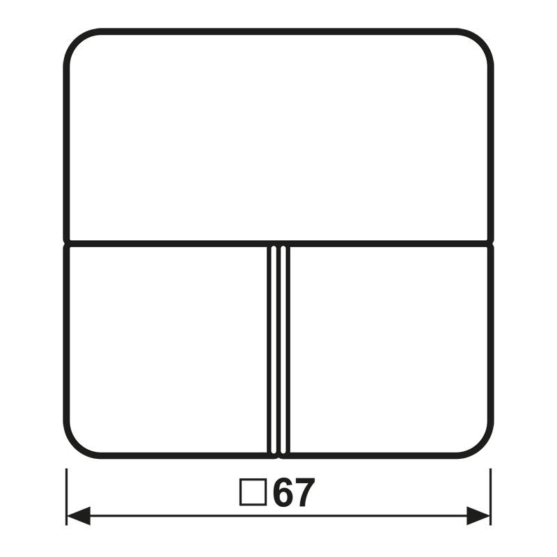Ein Quadrat mit einem zentralen vertikalen Teiler, zwei horizontalen Hälften und der Zahl '67', die darunter geschrieben ist, deutet auf Abmessungen oder Maßangaben hin.
