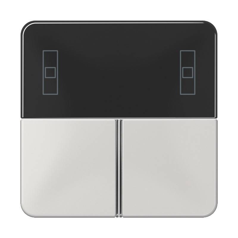 Minimalistisches Symbol eines Wandlichtschalters mit zwei Tasten, mit einem dunklen Oberpanel und zwei hellgrauen Kippschaltern darunter.