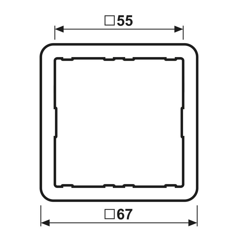 Quadratischer Rahmen mit beschrifteten Abmessungen: 55 Einheiten im Innenbereich und 67 Einheiten im Außenbereich.