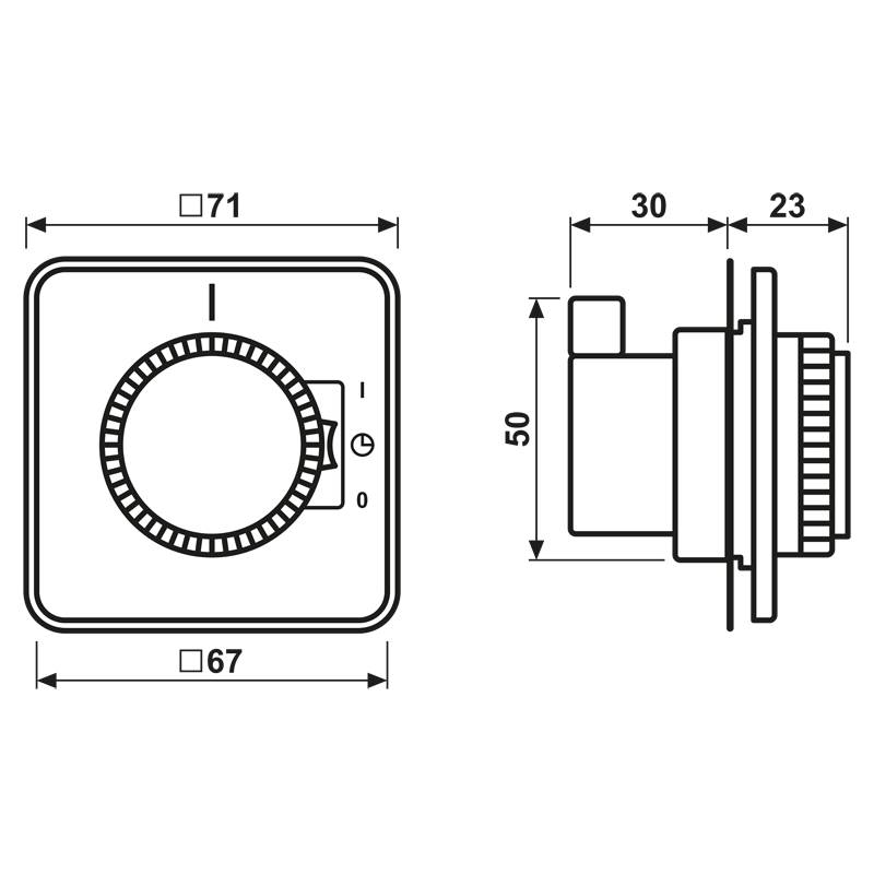 Bild eines Thermostatreglers mit Abmessungen: 71x67 mm Frontansicht, 50 mm Höhe, 30 mm Tiefe. Ausgestattet mit einem verstellbaren Temperaturwahlschalter.