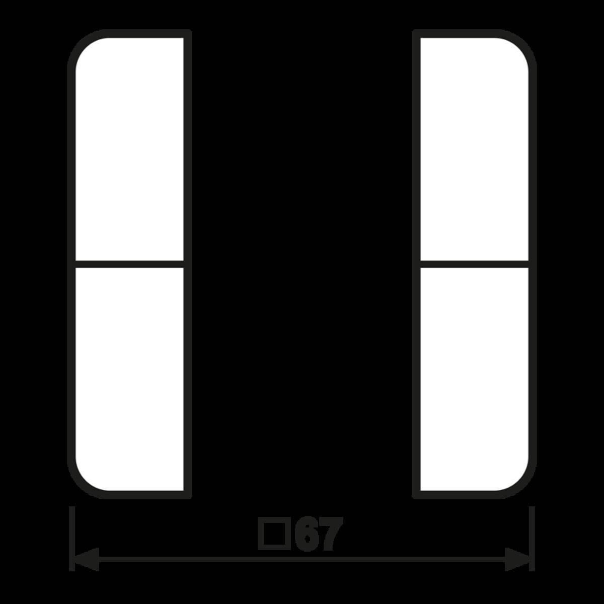 Zwei vertikale Rechtecke mit einer horizontalen Linie, die jeweils in der Mitte geteilt werden. Ein doppelköpfiger Pfeil darunter zeigt eine Breite von 67 Einheiten an.