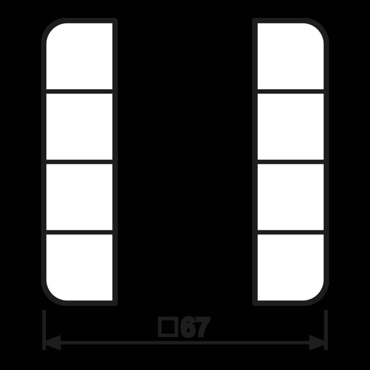 67' unter zwei vertikalen Rechtecken, die in drei gleiche Abschnitte unterteilt sind, was auf eine Maß- oder Konstruktionsspezifikation hinzudeuten scheint.