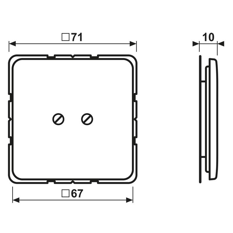 Diagramm eines quadratischen Objekts mit Schrauben im Zentrum, Abmessungen beschriftet als 71x67mm und 10mm dick, dargestellt in Vorder- und Seitenansicht.