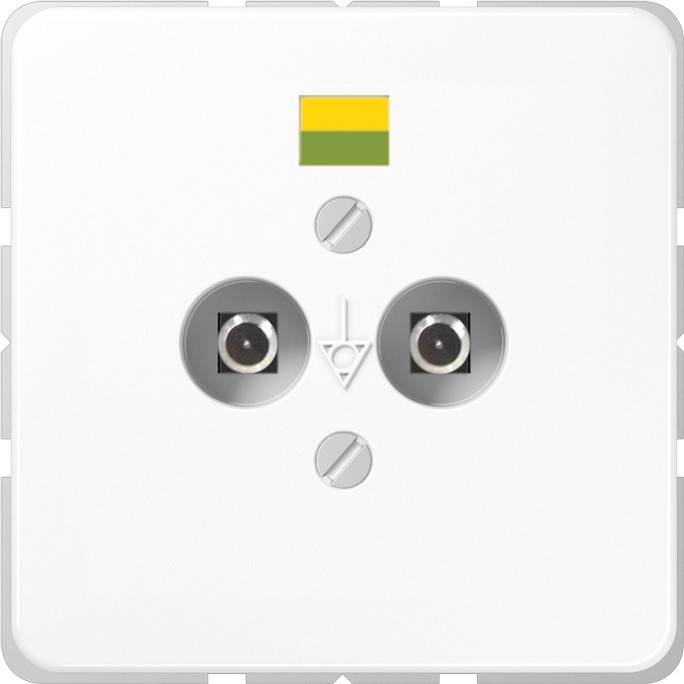 Eine weiße Steckdose mit zwei runden Steckplätzen und einem grün-gelben Farbaufkleber darüber.