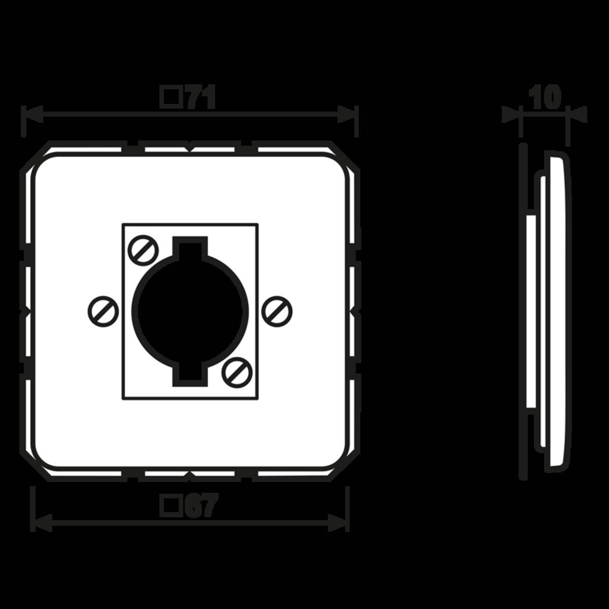 Diagramm einer quadratischen Wandplatte mit zentraler kreisförmiger Aufnahme, Abmessungen 71x71mm und 67mm Socketbreite, 10mm Dicke.