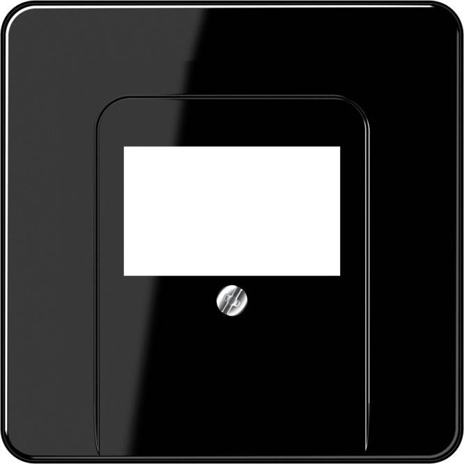 Eine schwarze Kunststoff-Lichtschalterabdeckung mit quadratischem Zentrum, versehen mit einer einzelnen Schraube unterhalb eines leeren weißen rechteckigen Schlitzes.