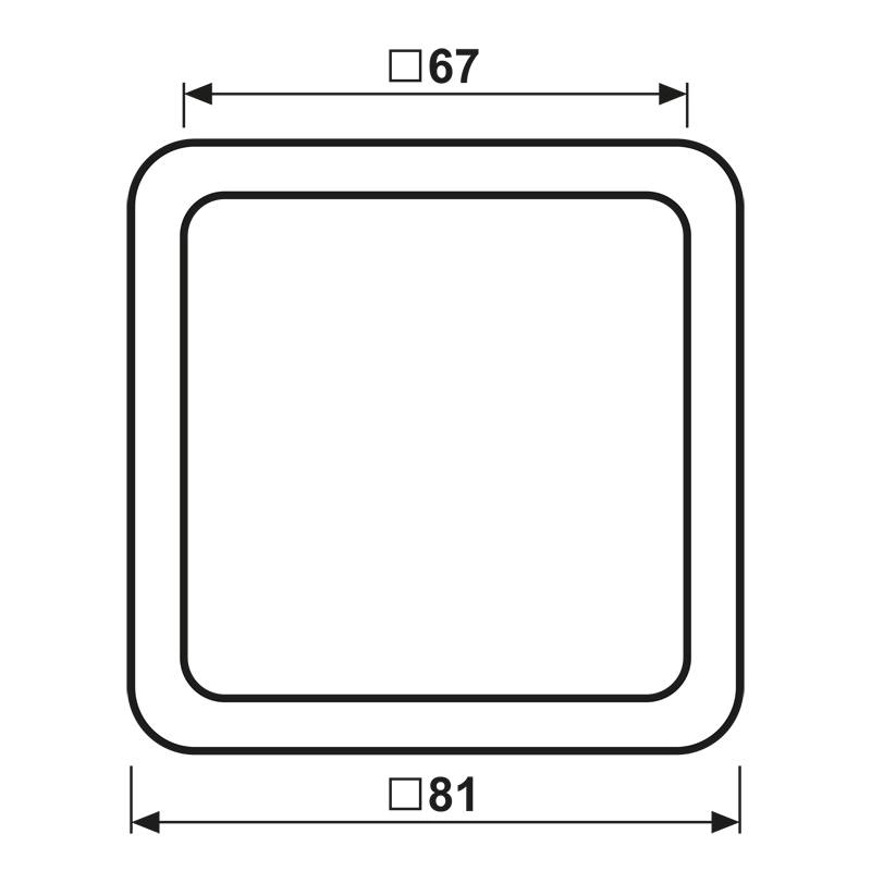 Ein Quadrat mit abgerundeten Ecken, das 81 Einheiten breit ist, umschließt ein kleineres Quadrat mit einer Breite von 67 Einheiten.