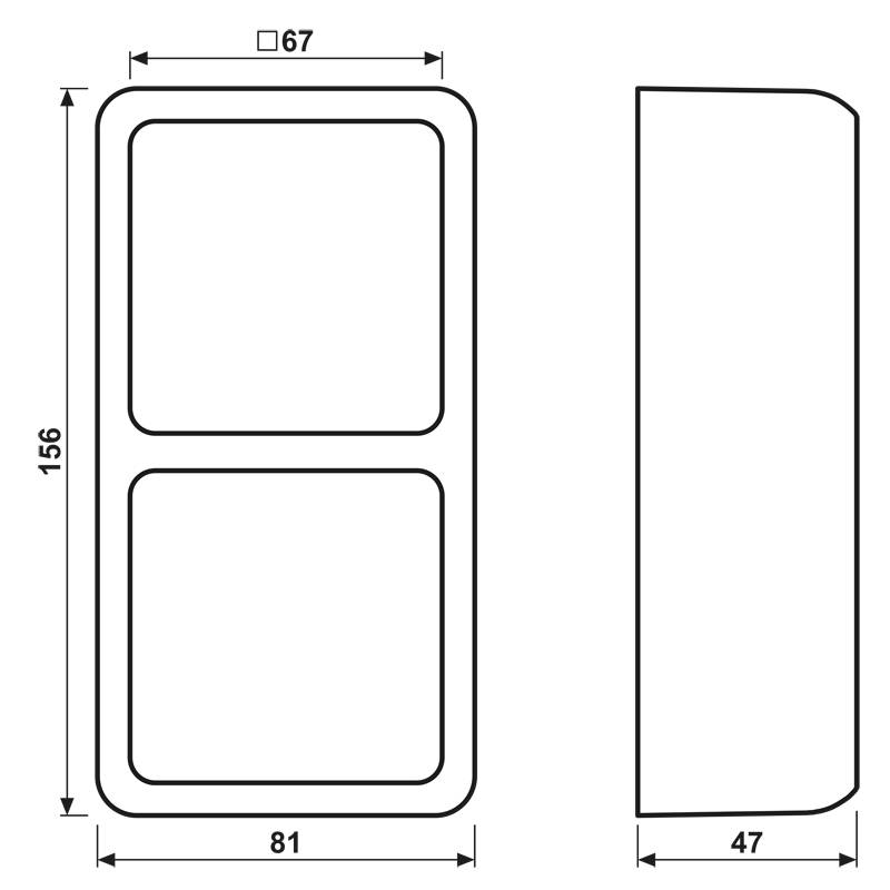 Eine technische Zeichnung mit Abmessungen eines rechteckigen Objekts. Vorderansicht: 156x81; zeigt zwei innere Rechtecke mit 67 Breite. Seitenansicht: 156x47.