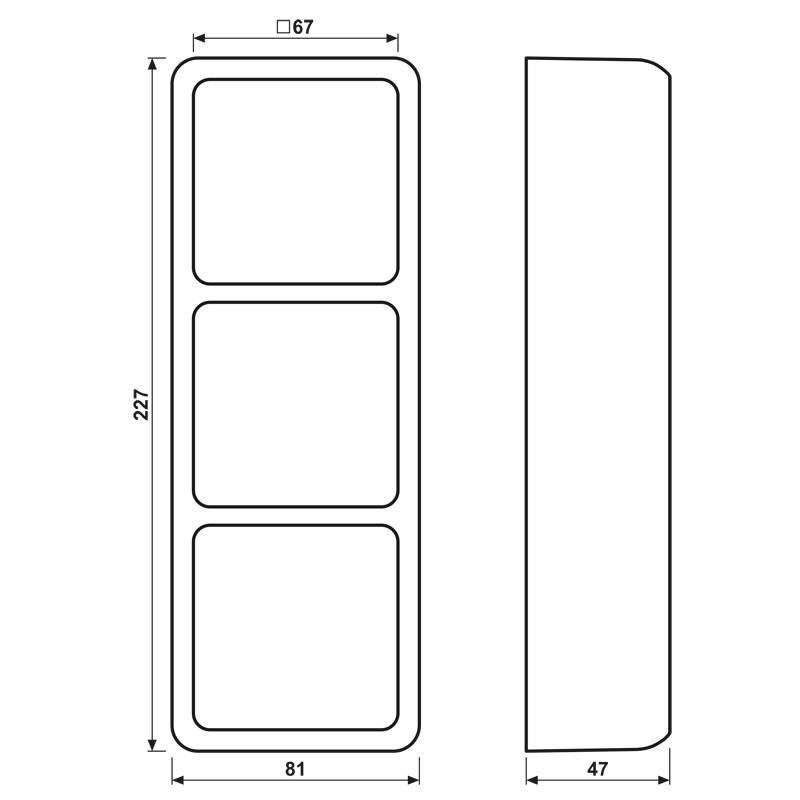 Diagramm zur Darstellung der Abmessungen eines dreisektigen vertikalen Panels. Links: drei gleich große Rechtecke in einer Spalte (227x81 mm). Rechts: leerer Abschnitt (47 mm breit).