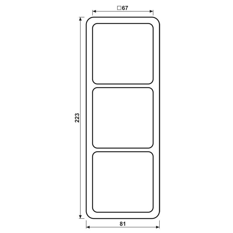 Diagramm mit drei vertikal ausgerichteten Rechtecken innerhalb eines größeren Rechtecks. Die Messungen sind mit 67 in der Breite und 223 in der Höhe beschriftet.