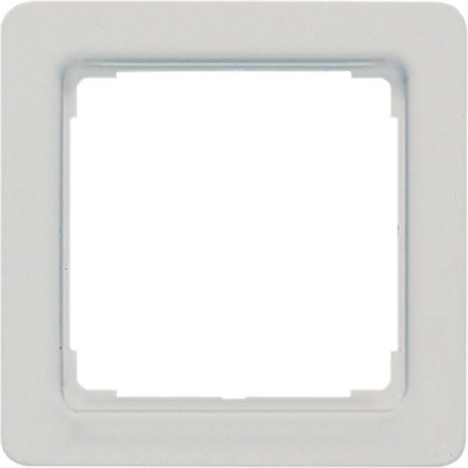 Ein weißer quadratischer Rahmen mit einem zentralen Ausschnitt, der wahrscheinlich für das Unterbringen oder Montieren eines Geräts oder einer Platte vorgesehen ist.