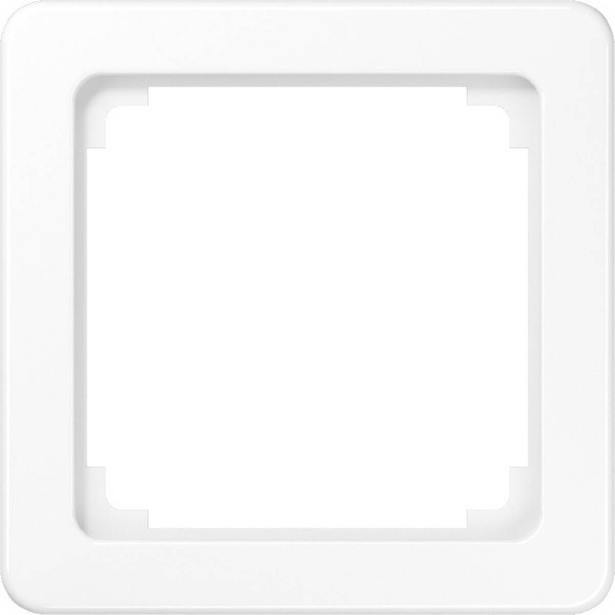 Ein weißer, quadratischer Rahmen mit abgeschrägten Kanten und einem leeren zentralen Bereich, wahrscheinlich als Abdeckung für einen Schalter oder eine Steckdose verwendet.