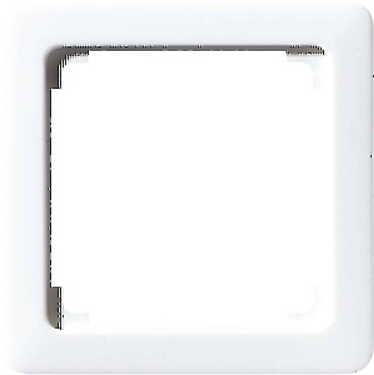 Weißer Quadratrahmen mit abgerundeten Kanten und inneren Aussparungen für sicheren Halt, üblicherweise verwendet für elektrische Schalter- oder Steckdosenabdeckungen.
