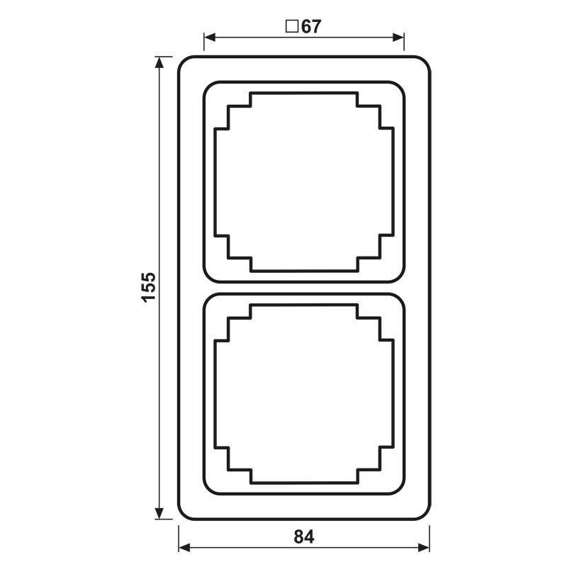 Etikett zeigt zwei quadratische Etiketten auf einem rechteckigen Blatt, jeweils innerhalb eines Rahmens. Abmessungen: 84 mm breit, 155 mm hoch, 67 mm Abstand zwischen den Etiketten.