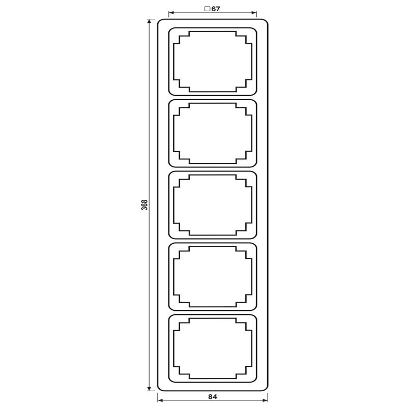 Ein vertikaler Streifen mit fünf identischen Rechtecken mit treppenförmigen Kanten, gleichmäßig auf einem schwarzen Hintergrund verteilt.