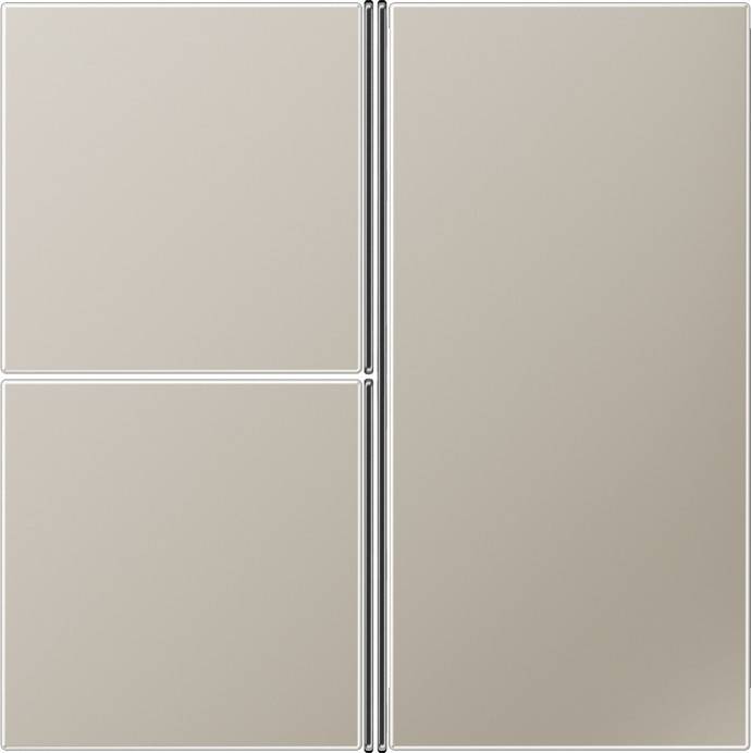 Kühlschrank mit einer eleganten, neutralen grauen Oberfläche und einem modernen, minimalistischen Design. Ausgestattet mit zwei großen Türen und zwei kleineren Fächern.