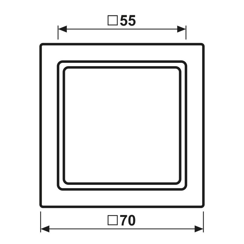 Eine quadratische Form mit äußeren Abmessungen von 70 Einheiten und inneren Abmessungen von 55 Einheiten, vor einem schwarzen Hintergrund, zur Darstellung von Maßen.