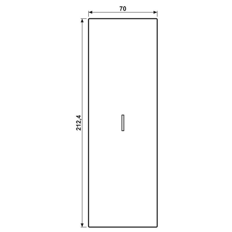 Eine weiße rechteckige Tür mit einem zentralen Griff. Die angegebenen Abmessungen betragen 70 mal 212,4.