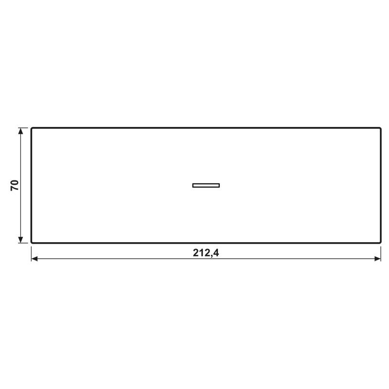 Eine schwarze rechteckige Box mit den Abmessungen 212,4 mal 70, die eine kleine horizontale Linie in der Mitte aufweist.