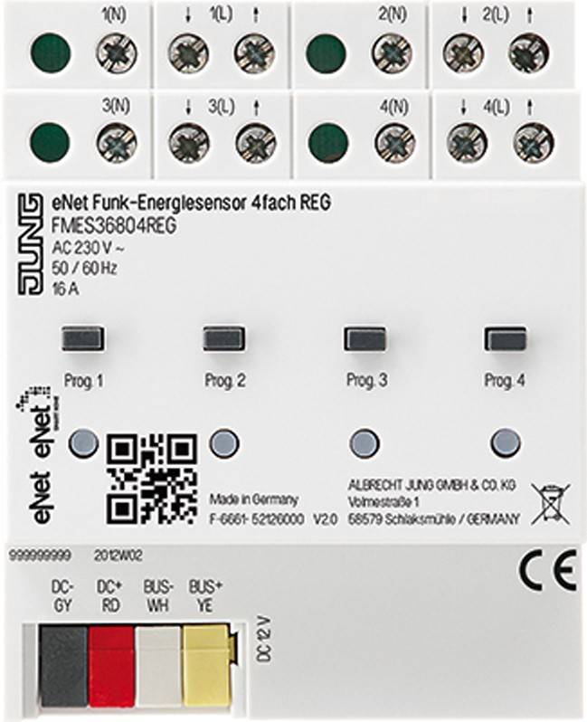 Elektronisches Gerät mit der Bezeichnung 'eNet Funk-Energiesensor 4 REG', verwendet zur Energieüberwachung. Verfügt über verschiedene Eingabe-/Ausgabeports und LED-Anzeigen.