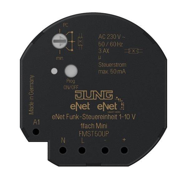 Rundgerät in Schwarz mit der Beschriftung 'JUNG eNet Steuergerät 1-10 V'; Steuereinheit für Beleuchtung; mit beschrifteten Eingängen A1, konzentriert auf drahtlose Steuerung.