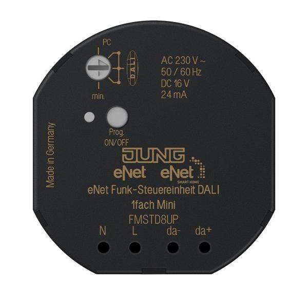 JUNG eNet Funk-Steuereinheit DALI 1fach Mini' Gerät. Zeigt AC/DC-Spezifikationen und Anschlussports, gekennzeichnet mit 'N', 'L' und 'da+'.