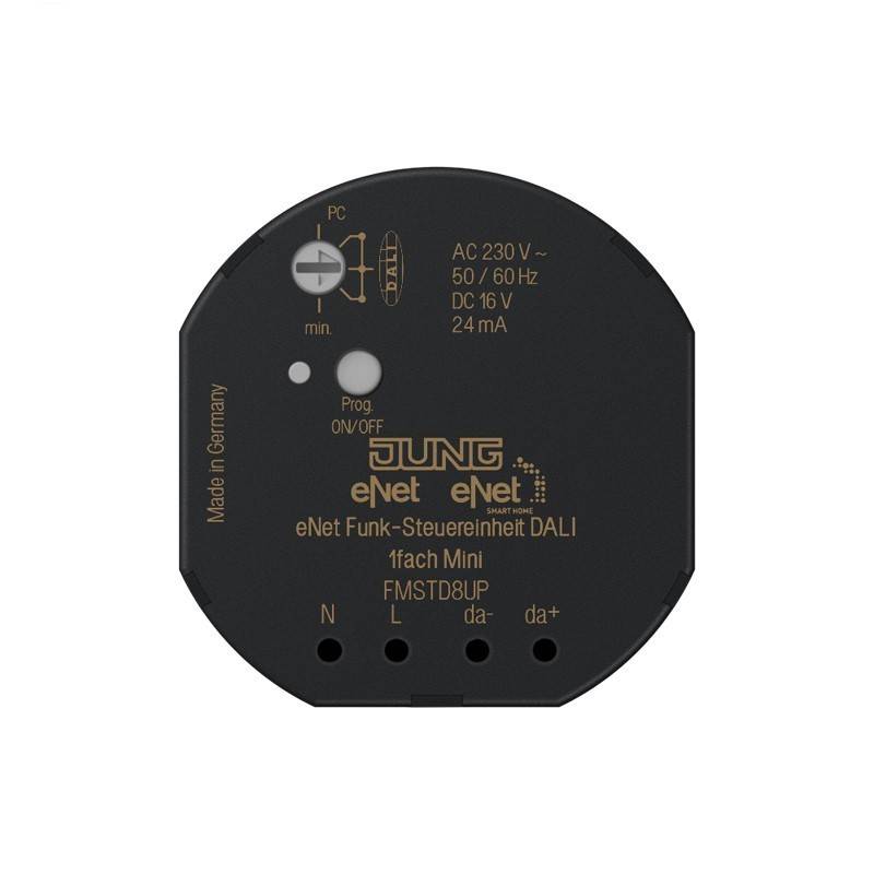 Black Jung eNet Funk-Steuereinheit DALI Mini-Steuermodul mit Bezeichnung AC 230V, DC 16V, mit Anschlüssen N, L, da-, da+ und Programmiertasten.