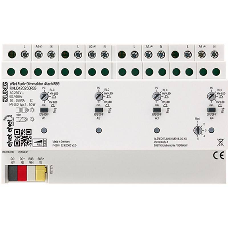 Weißes Elektrosteuermodul mit mehreren Anschlussblöcken, Status-LEDs, Einstellreglern, QR-Code und CE-Kennzeichnung auf der Frontplatte.