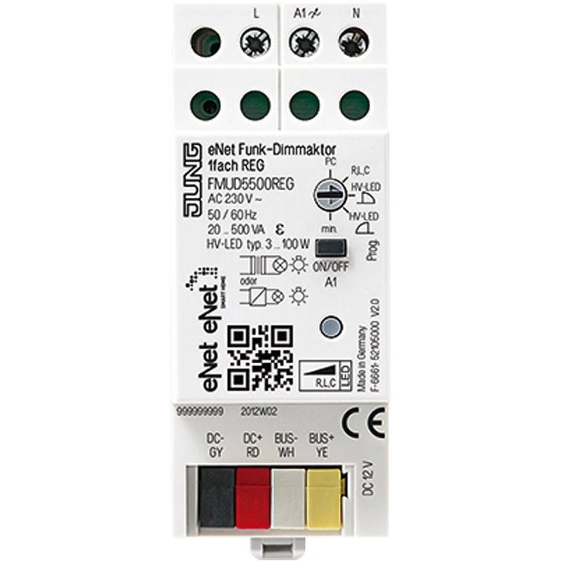 Nahaufnahme eines JUNG eNet kabellosen Dimmmoduls mit beschrifteten Anschlüssen, Einstellregler, Status-LEDs, QR-Code und CE-Kennzeichnung.
