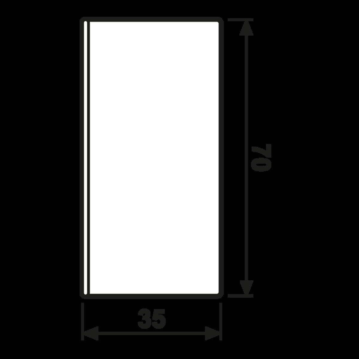 Ein vertikales Rechteck, 70 Einheiten hoch und 35 Einheiten breit, wird mit beschrifteten Maßen dargestellt.