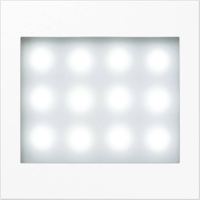 Ein quadratisches Panel mit zwölf gleichmäßig verteilten LED-Leuchten, die helles weißes Licht vor einem weißen Hintergrund abstrahlen.