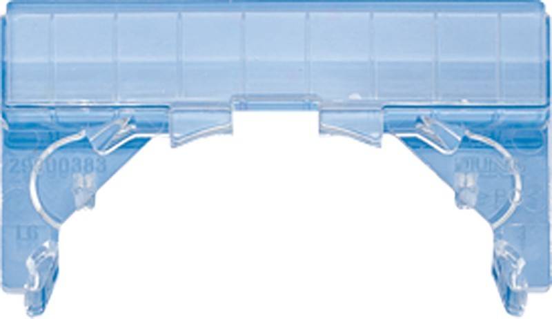 Eine Nahaufnahme eines transparenten blauen Kunststoffbehälterdeckels mit einem Verschlussmechanismus, der die ineinandergreifenden Verschlusstaben für eine sichere Abdichtung zeigt.