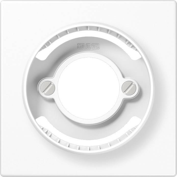 Ein weißes, kreisförmiges Thermostatdrehknopf auf einer quadratischen Platte, mit Rillen für besseren Griff, umgeben von einem schlichten, klaren Design für den Hausgebrauch.