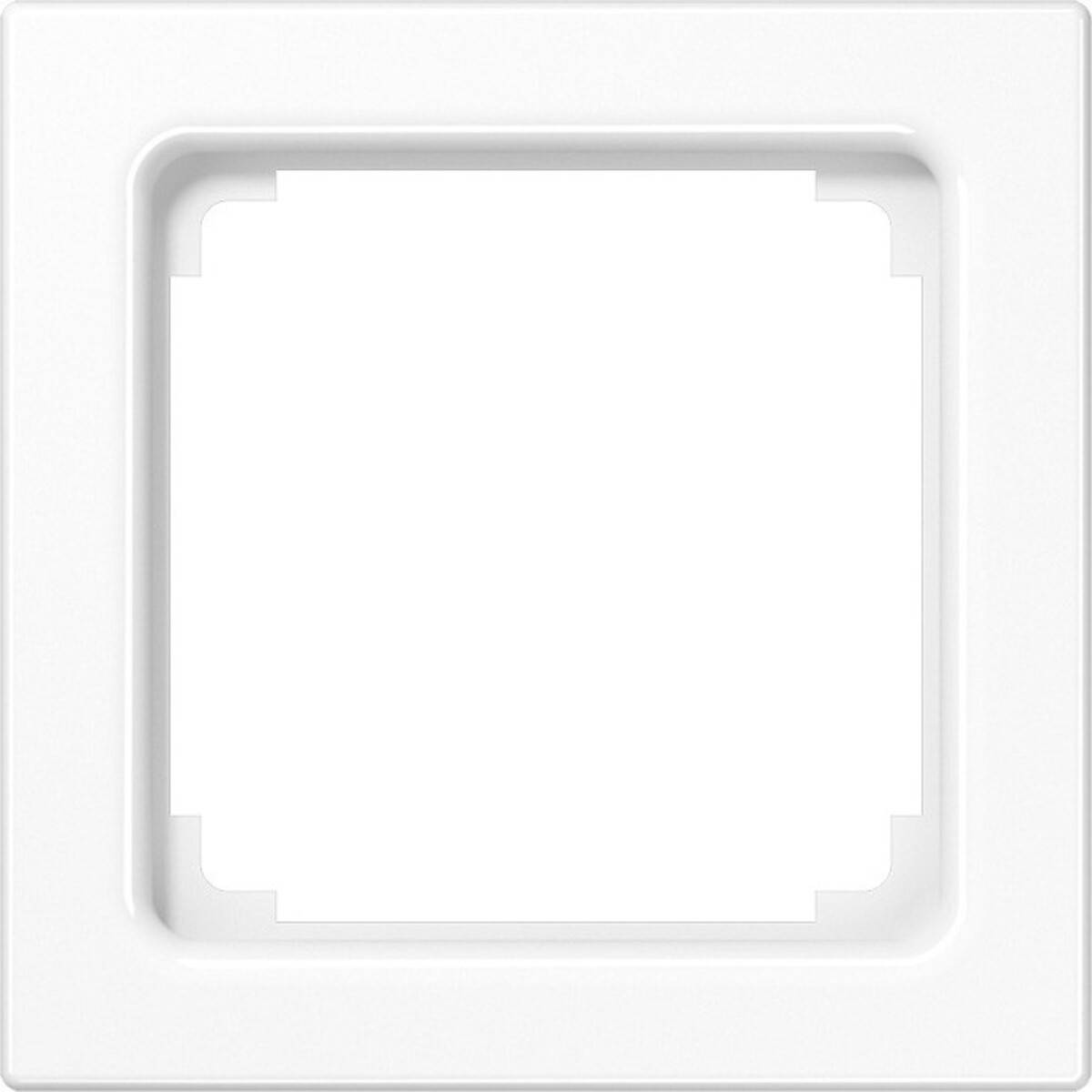 Ein quadratischer weißer Rahmen mit abgerundeten Kanten, gestaltet zum Halten eines Schalters oder einer Steckdose, vor einem einfarbig weißen Hintergrund.