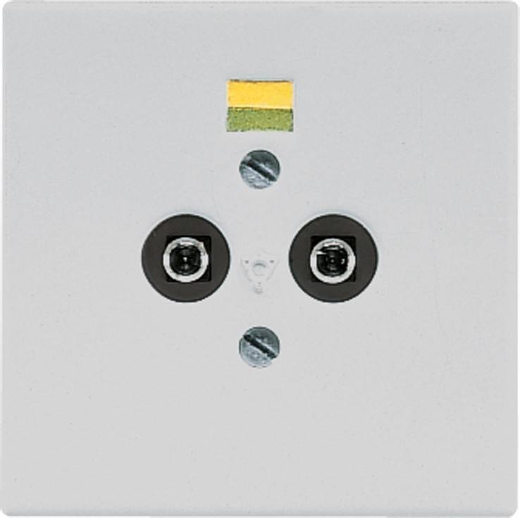 Ein weißes elektrisches Steckdosenpanel mit zwei runden Anschlüssen, einem kleinen gelben Rechteck an der Oberseite und vier Schrauben an den Ecken.