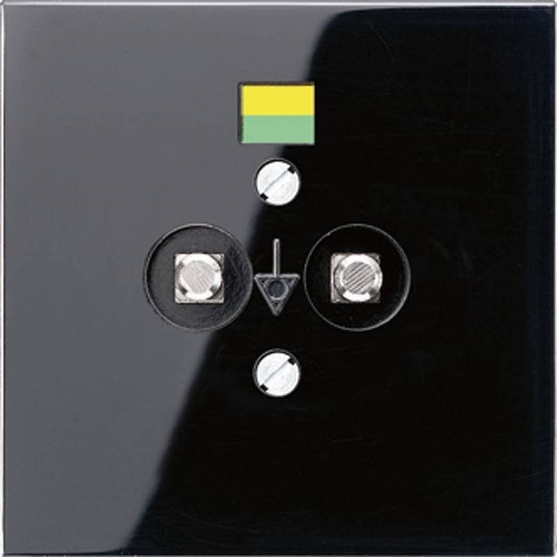 Ein schwarzes quadratisches Panel mit zwei sechseckigen Knöpfen und zwei kleinen runden Tasten, mit einem gelben und grünen Aufkleber darüber.