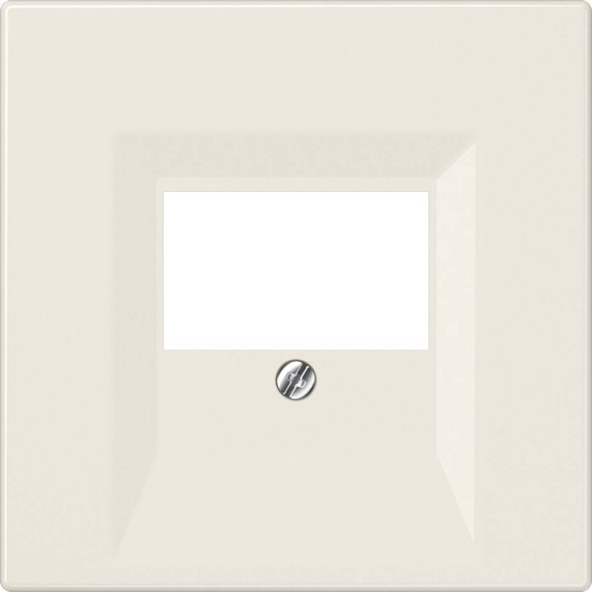 Eine cremefarbene, quadratische Lichtschalterabdeckung mit einer zentrierten rechteckigen Öffnung und einer Schraube am unteren Mittelpunkt.
