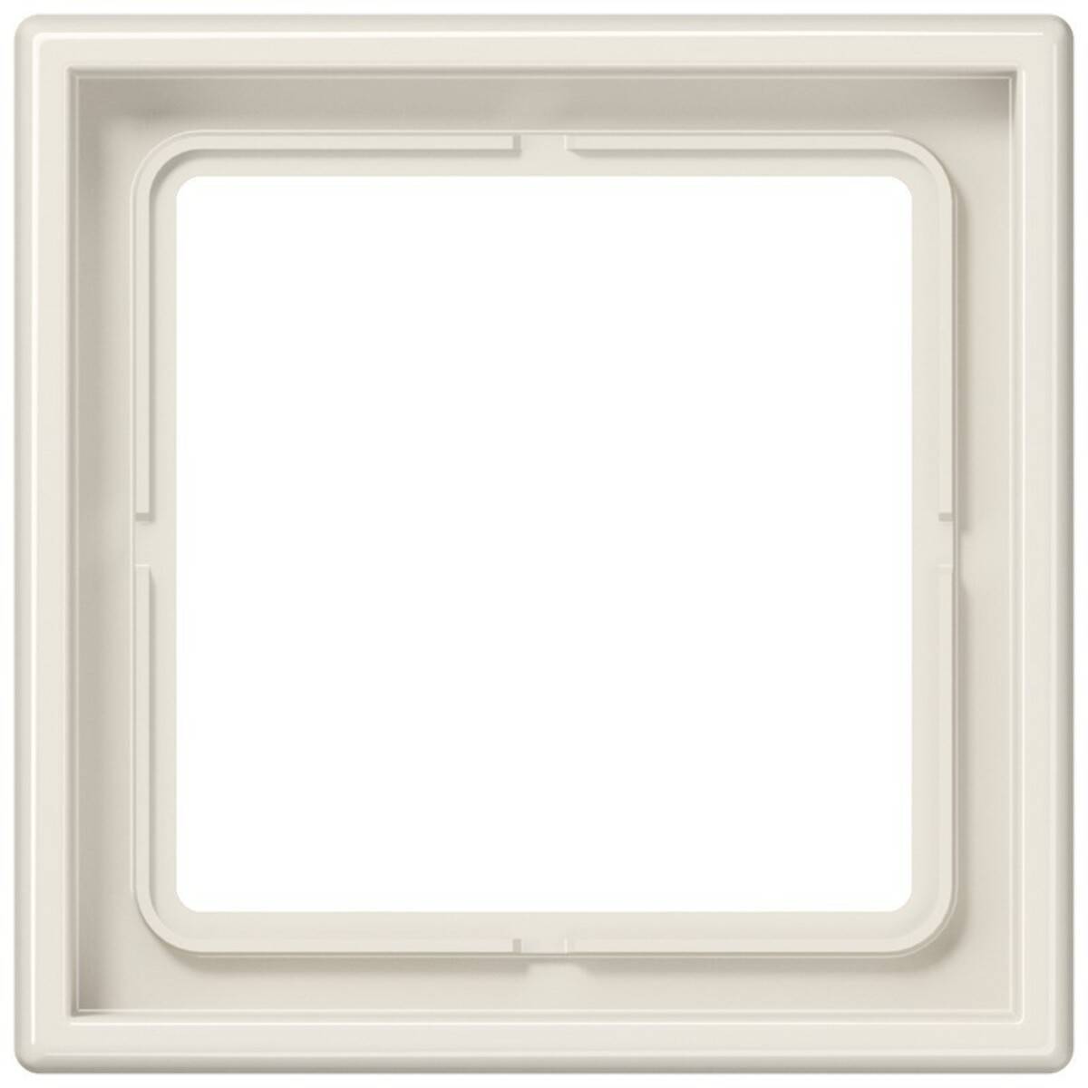 Beige quadratischer Wandrahmen mit einem leeren weißen Mittelpanel, wahrscheinlich eine dekorative Schalter- oder Steckdosenabdeckung.