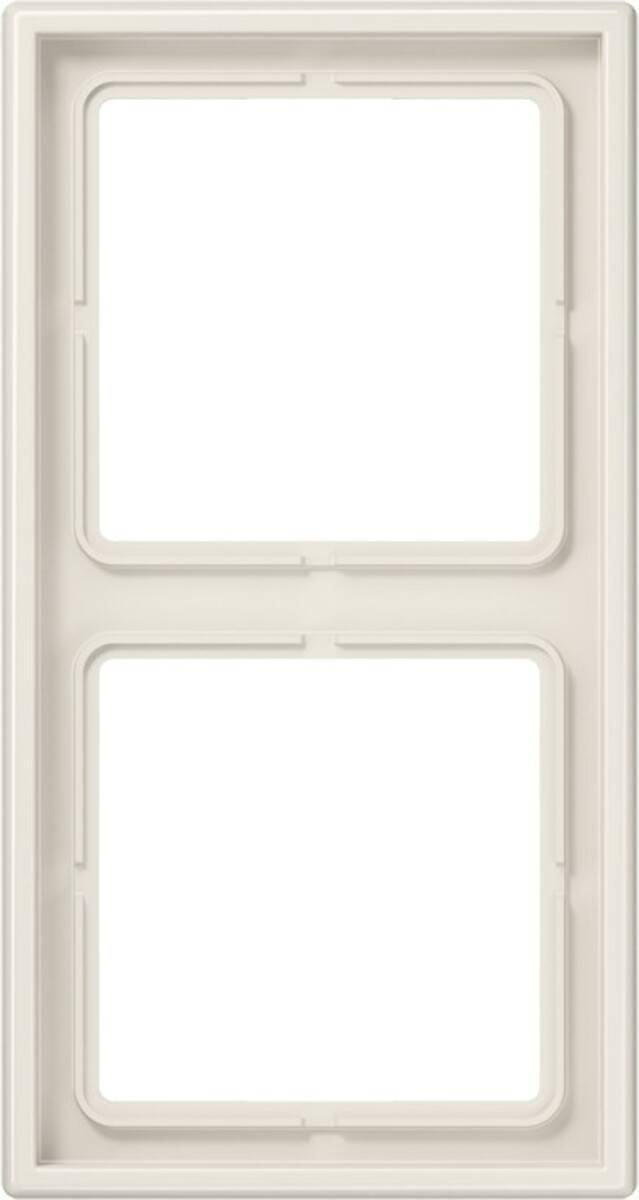 Ein Nahaufnahmebild eines leeren, rechteckigen weißen Kunststoff- oder Metallrahmens mit abgerundeten Ecken, der zwei übereinander angeordnete Öffnungen aufweist.