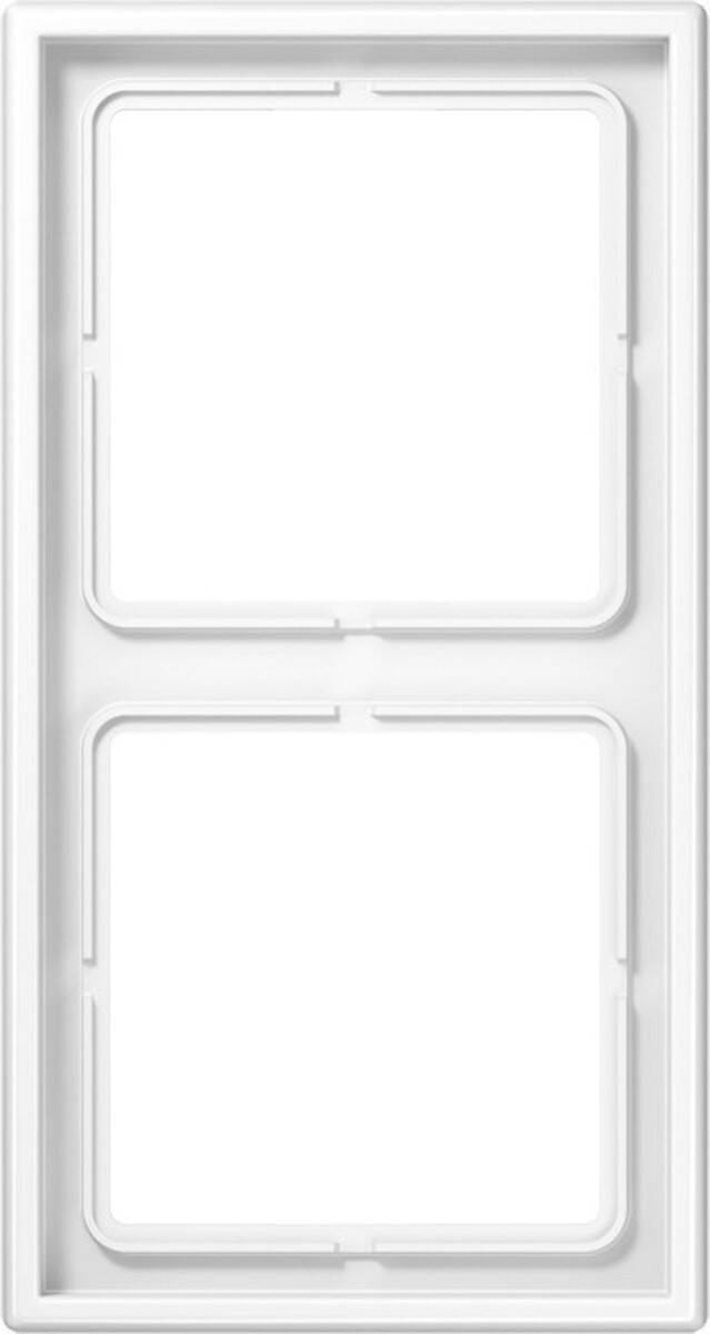 Ein weißer Kunststoff-Doppelschalterrahmen mit zwei rechteckigen Öffnungen, der für die Aufnahme von elektrischen Schaltern oder Steckdosen konzipiert ist.