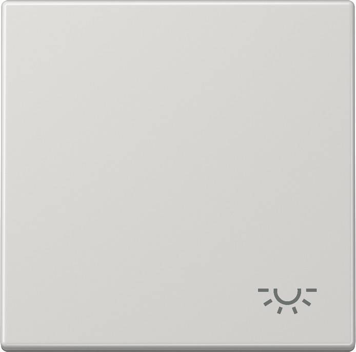 Ein Lichtschalter mit einem kleinen Symbol, das einer Sonne ähnelt und eine Lichtfunktion anzeigt. Minimalistisches Design mit einer weißen Oberfläche.
