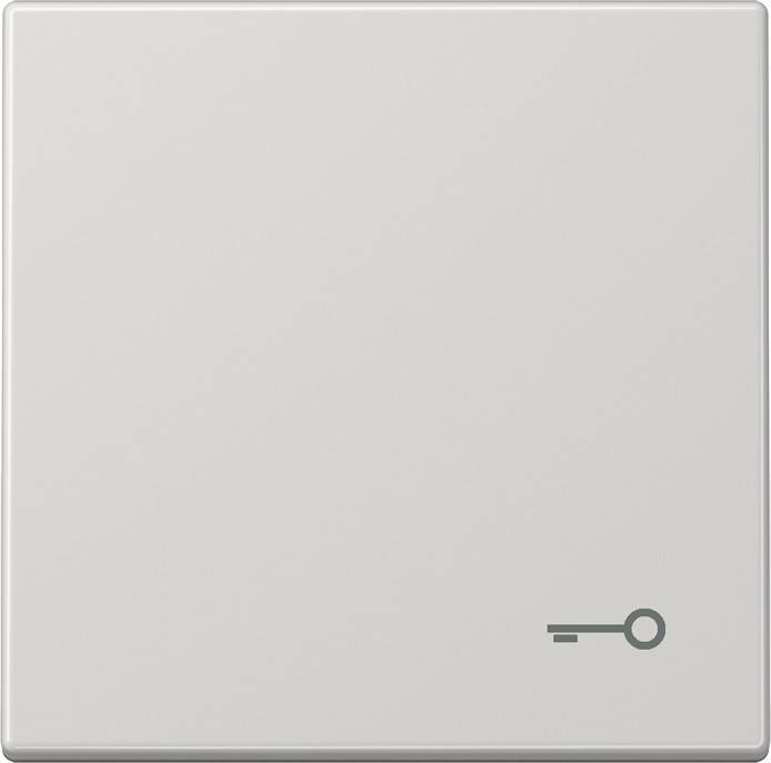 Ein minimalistischer weißer Lichtschalter mit einem kleinen Schlüsselsymbol in der unteren rechten Ecke auf einem einfarbigen Hintergrund.