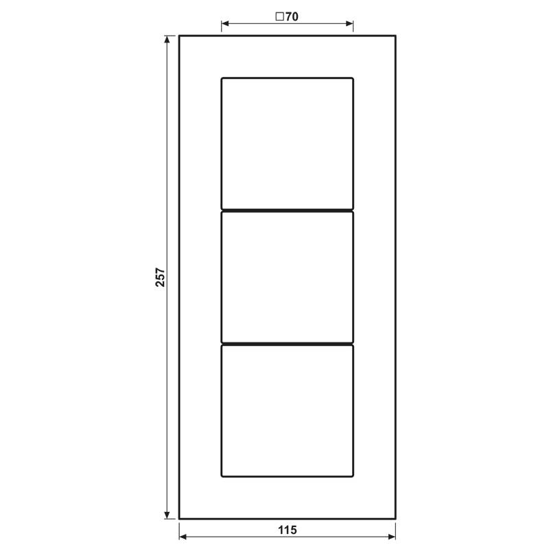 Ein weißer vertikaler rechteckiger Rahmen mit drei gleichmäßig verteilten quadratischen Aussparungen, 257 bei 115 messend, wobei jede Aussparung 70 breit ist.