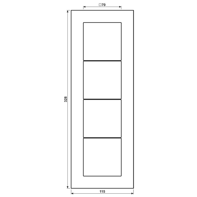 Ein vertikaler rechteckiger Rahmen mit vier gleichmäßig verteilten leeren Aussparungen für Fotos oder Kunstwerke. Der Rahmen ist weiß vor einem schwarzen Hintergrund.