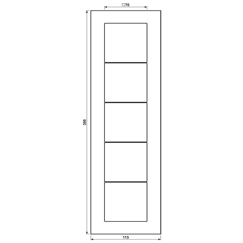 Ein vertikales schwarzes Rechteck mit weißem Rand enthält fünf gleichmäßig angeordnete horizontale Linien, die einem Filmstreifen oder Fenster ähneln.