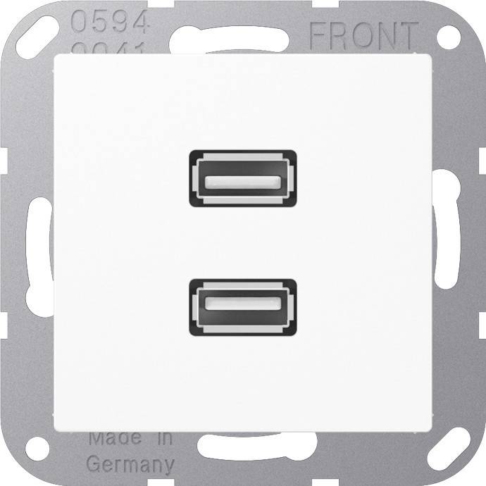 Eine weiße Wandabdeckung mit zwei USB-Anschlüssen zum Aufladen elektronischer Geräte. Rahmen aus gebürstetem Metall, der an den oberen und unteren Kanten beschriftet ist.