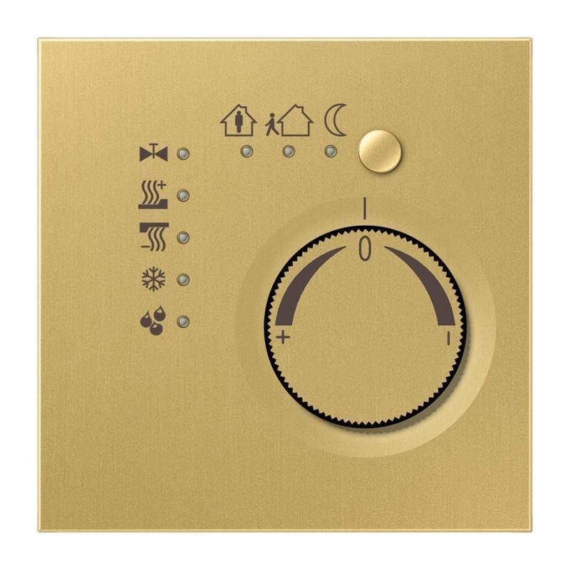 Goldfarben Thermostat-Bedienfeld mit großem Drehregler und Modussymbolen für Zuhause, Heizung, Kühlung und Lüftereinstellungen.